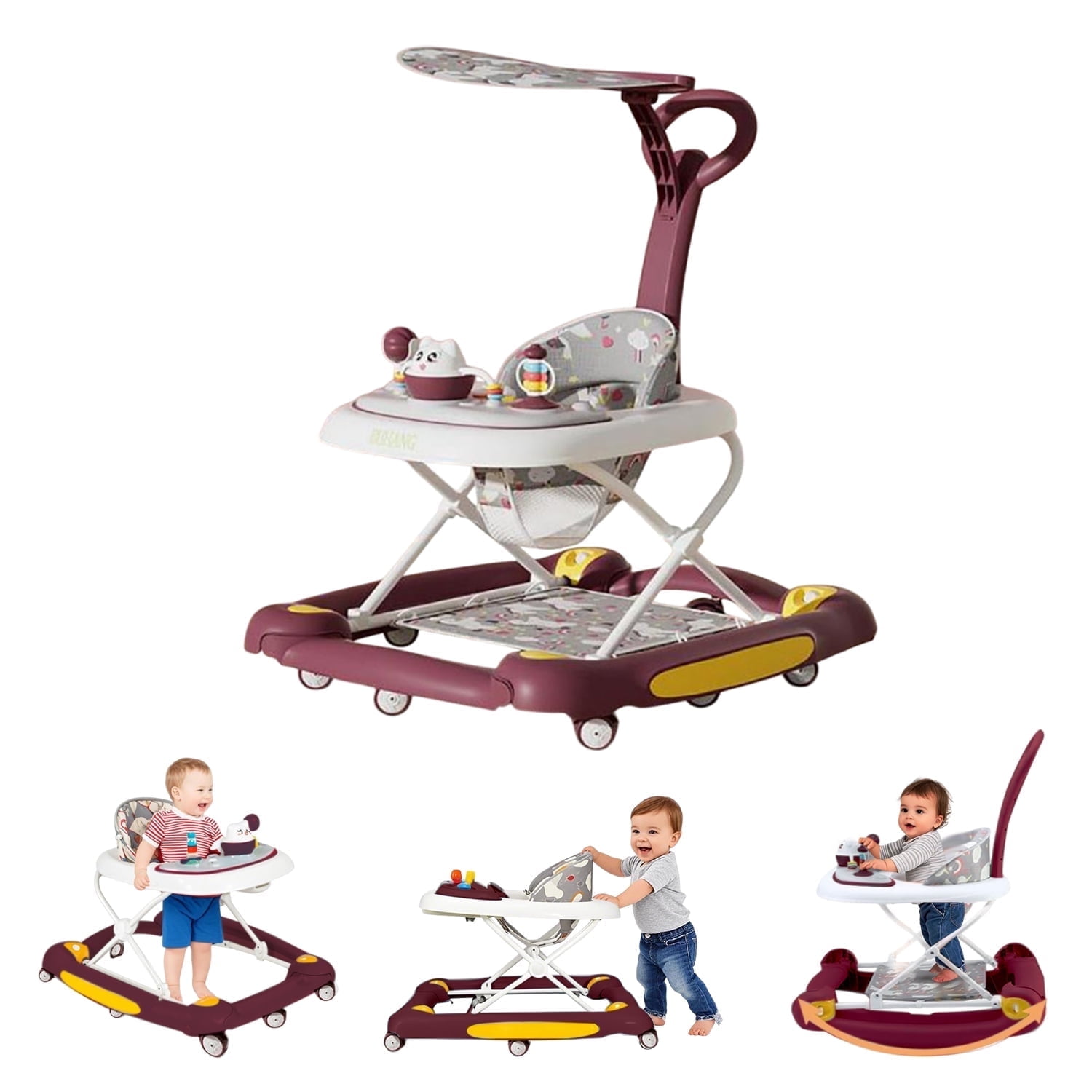 LIXI 4-in-1 Baby Walker with Toy Tray - Adjustable Height 3 Gears for 6-36M, Foldable Design (Red)