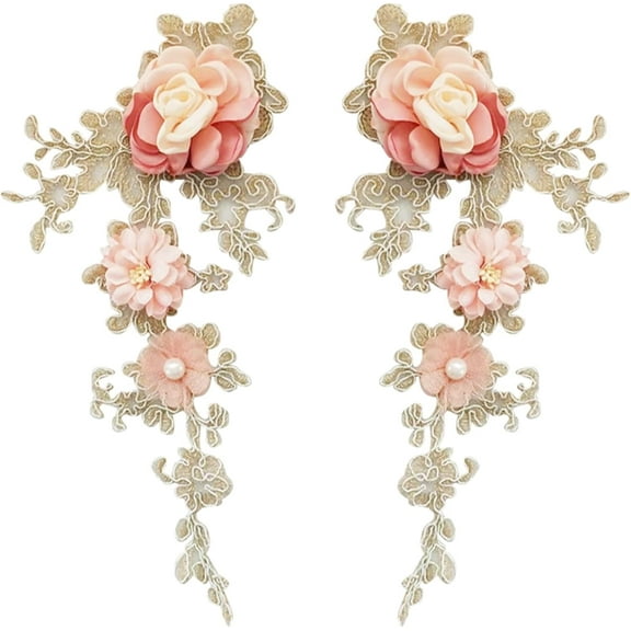 2 PCS Embroidered Patches Iron 3D Lace Applique Sew on Flower Bead Patches Embroidery Floral Motif Beaded Lace Trim Fabric Pearl Appliques for Clothes Dress for DIY