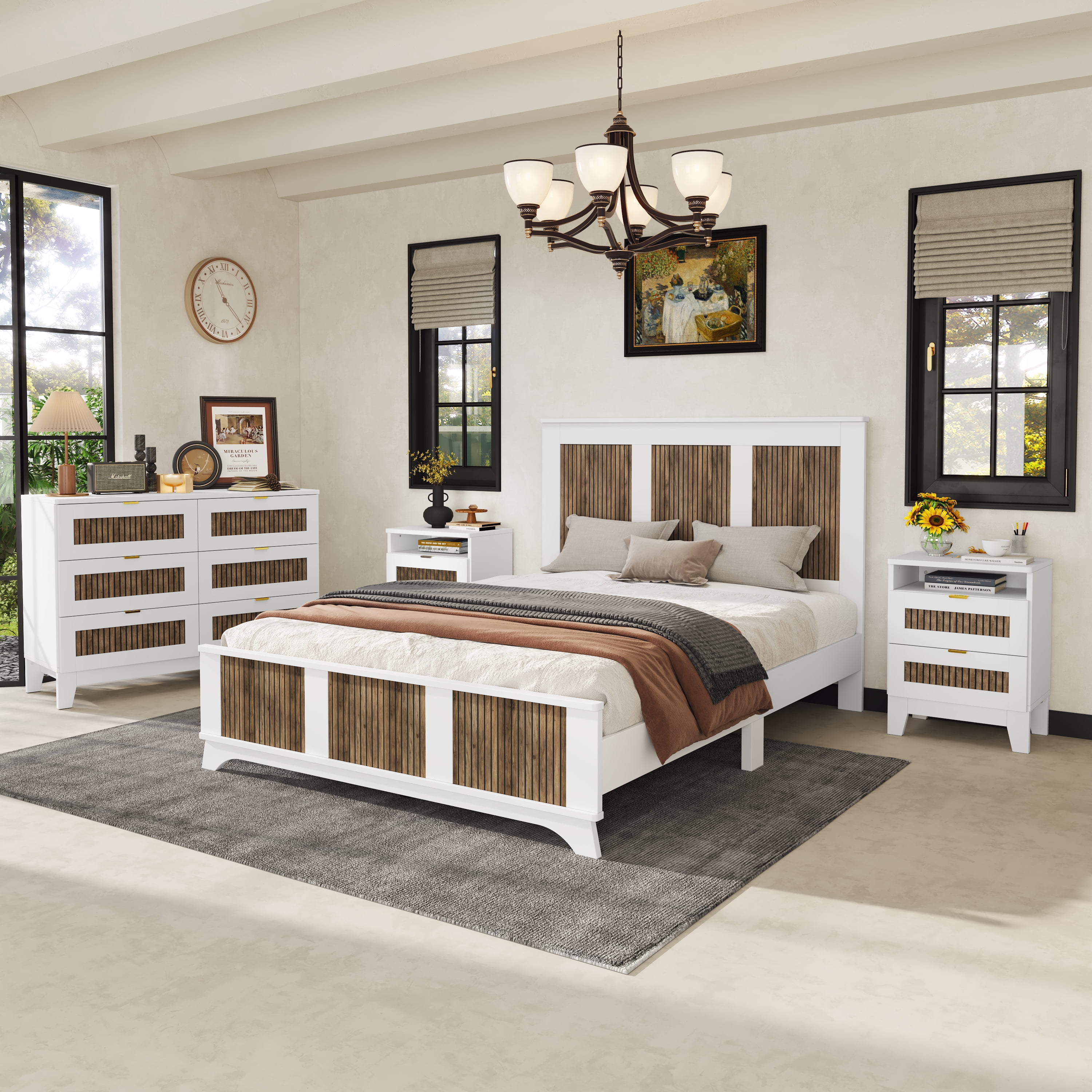 Mintazer 4 Piece Farmhouse Bedroom Set with 2 Nightstand & 6 Drawers Dresser, Queen Size Platform Bed Frame with Strip Stickers Decoration for Bedroom, White