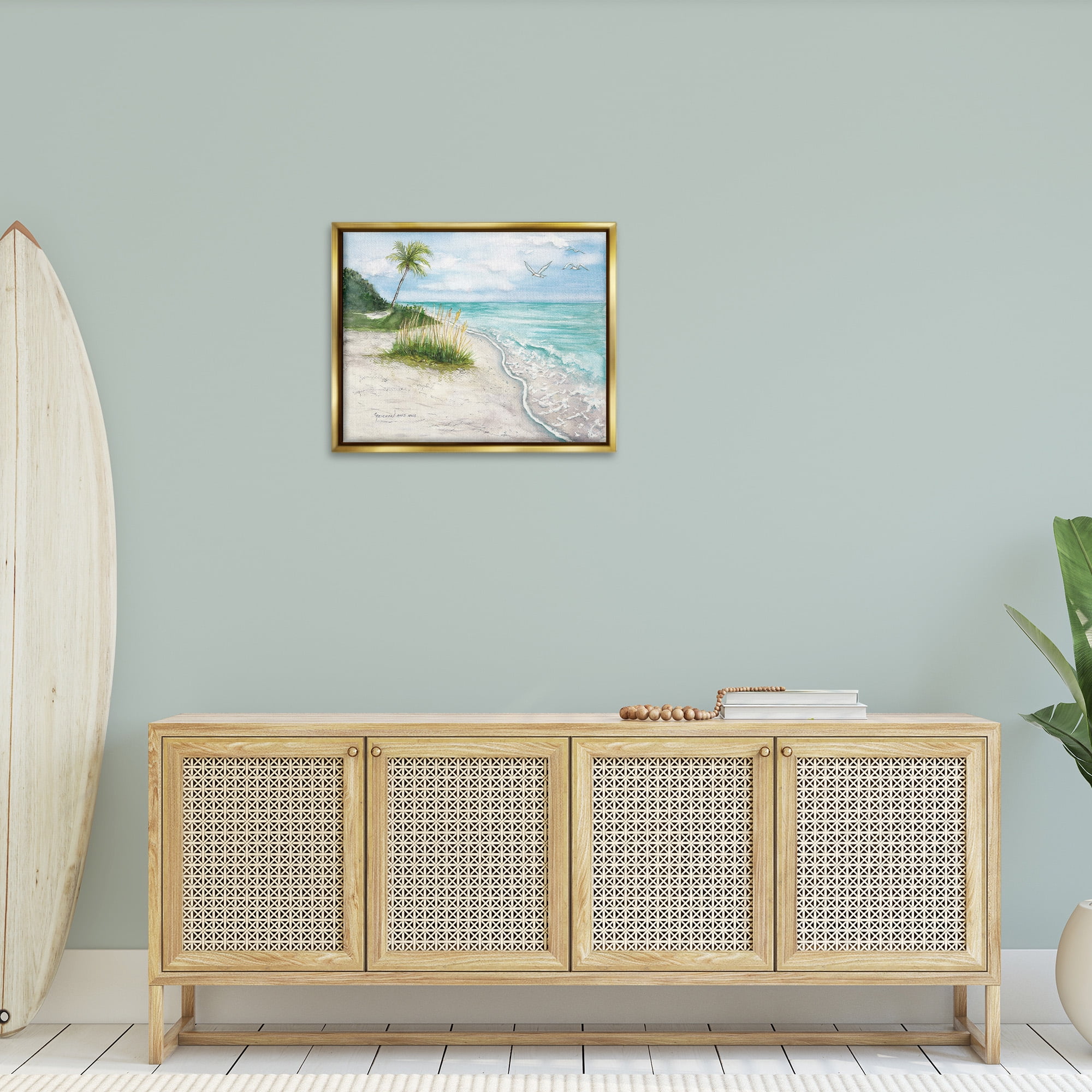Stupell Industries Seagulls over Tropical Beach Landscape Painting Gold Floater Framed Canvas Art Print Wall Art, 31 x 25