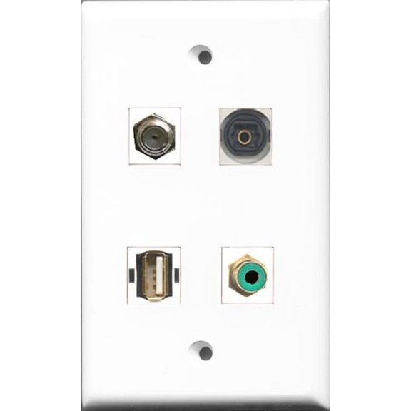 RiteAV 1 Port RCA Green and 1 Port Coax Cable TV- F-Type and 1 Port USB A-A and 1 Port Toslink Wall Plate