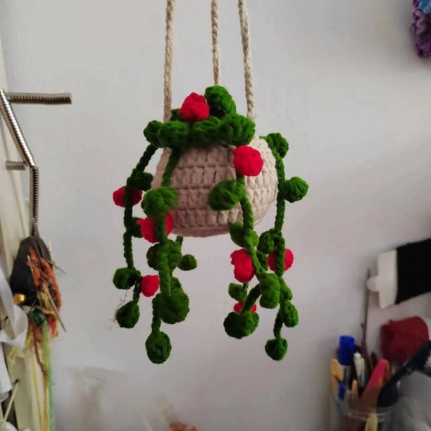 Lindas plantas en maceta, accesorios colgantes de espejo de coche de ganchillo, accesorios lindos de coche para mujeres y hombres, espejo retrovisor de punto hecho a mano (flores rojas)