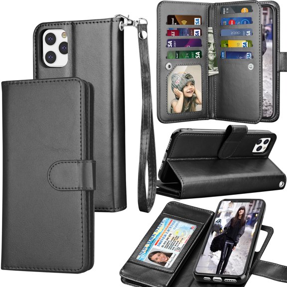 Tekcoo Wallet Case for iPhone 11 Pro Max / iPhone 11 Pro / iPhone 11, [Black] Luxury PU Leather Wallet Case Wrist Strap Flip Folio [Detachable Magnetic Hard Case] & Kickstand ID&Credit Card Slots