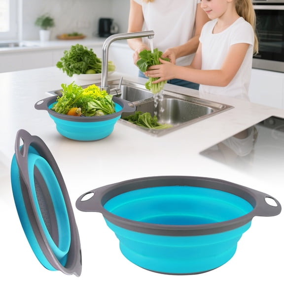 Collapsible Silicone Colanders Set, Space-Saving Strainers for Draining, Washing, and Rinsing – Food-Grade with Handle, blue