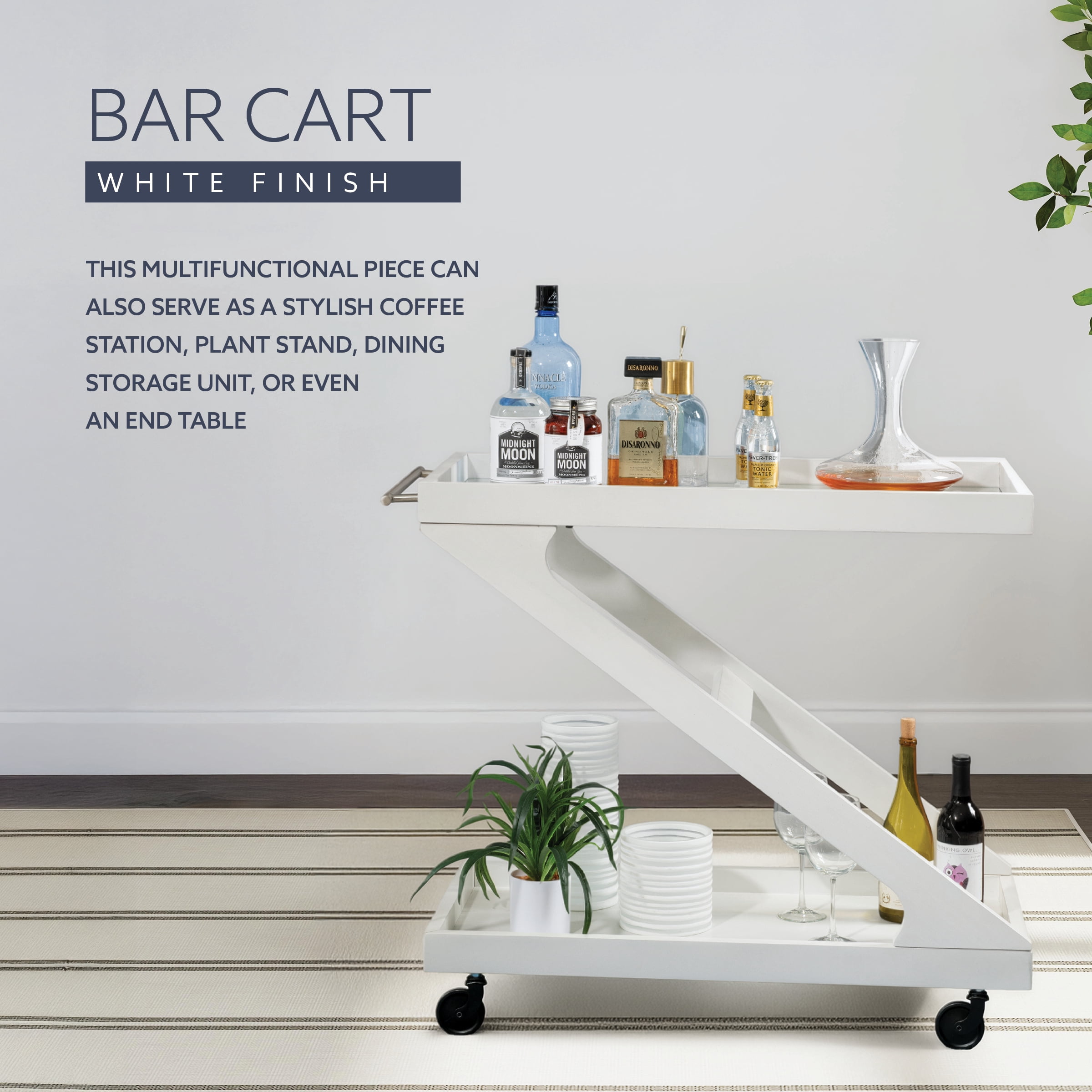 Powell Thornton 2-Tier Z-Frame Rolling Bar Cart with Glass Top, Antique White
