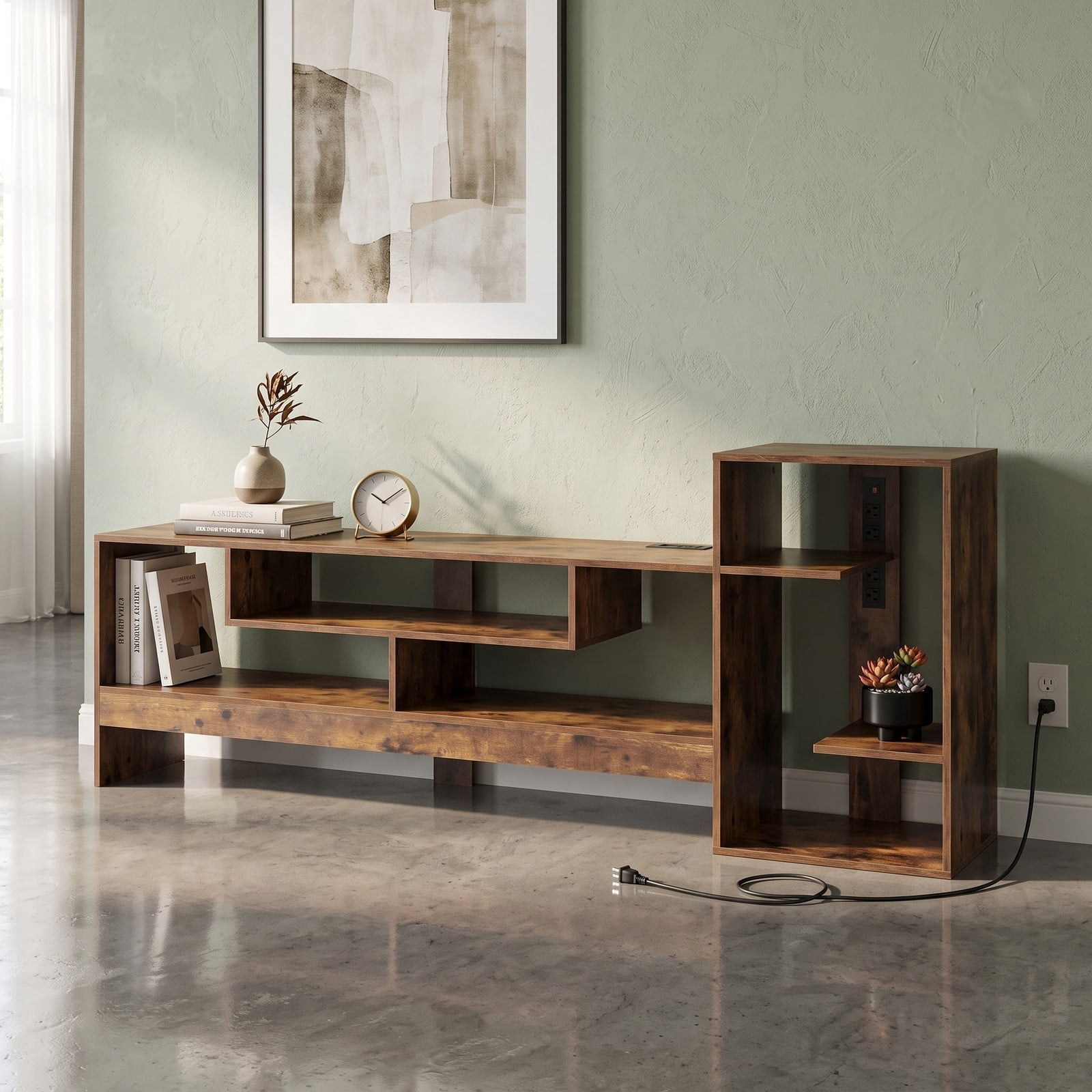 Furnibear Cube TV Stand for 55 Inch TV with Power Outlets, USB and Type-C Ports, Open Cube Storage Shelves, Entertainment Center Media Console for Living, Rustic Brown