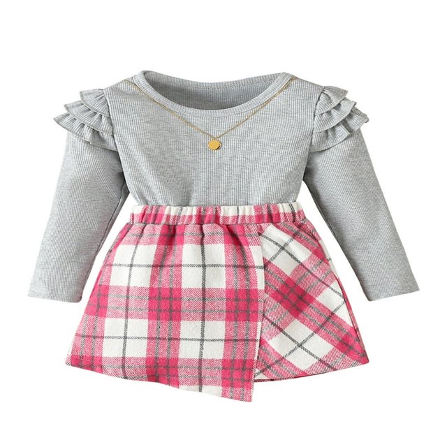 Adorable Toddler Girls Fall Outfits with Ruffle Long Sleeve Tops and Plaid Skirt