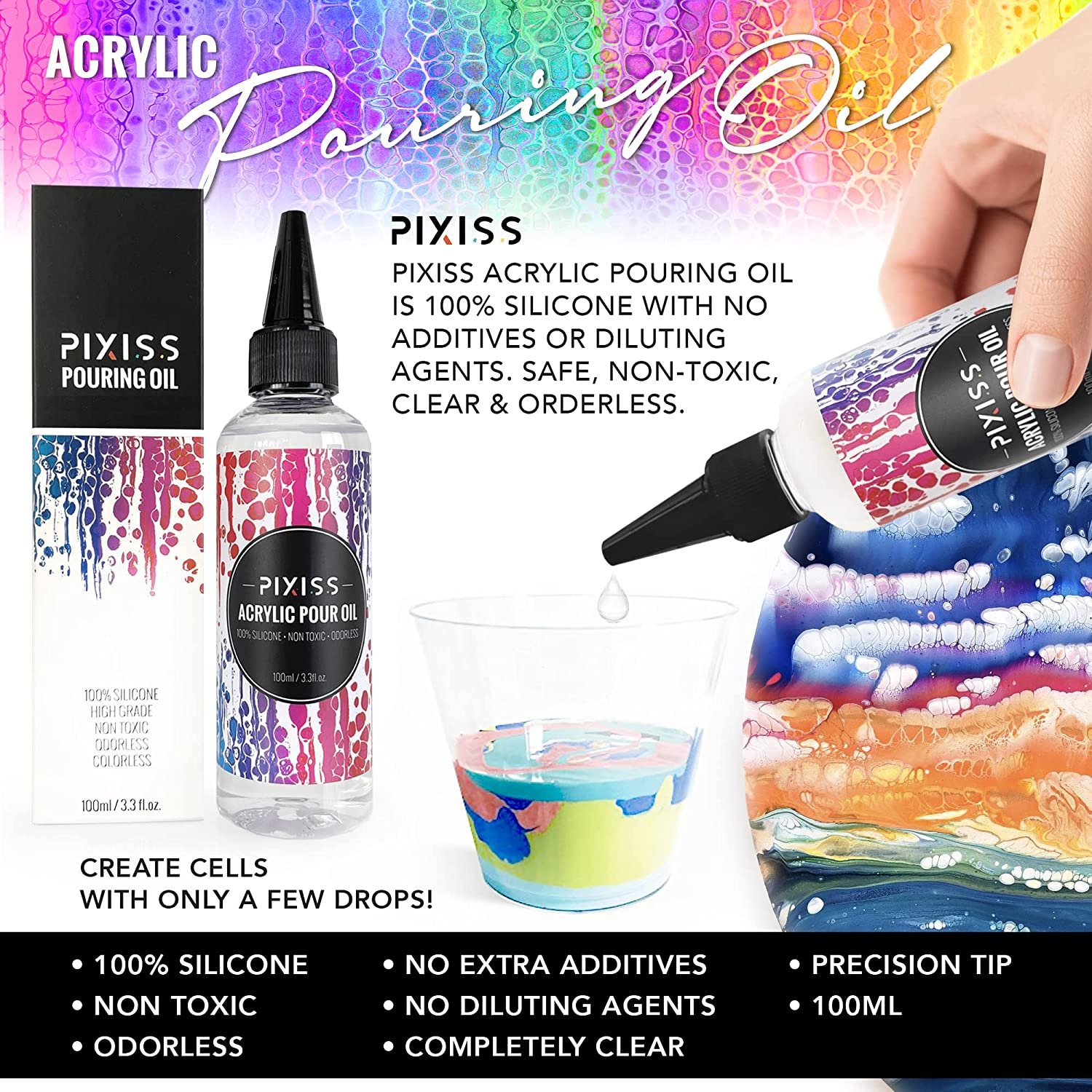 Floetrol Pouring Medium for Acrylic Paint  Flood Flotrol Additive  Pixiss Acrylic Pouring Oil for Creating Cells Perfect Flow 100% Pure High Grade Silicone 100ml/3.3-Ounce - image 5 of 8