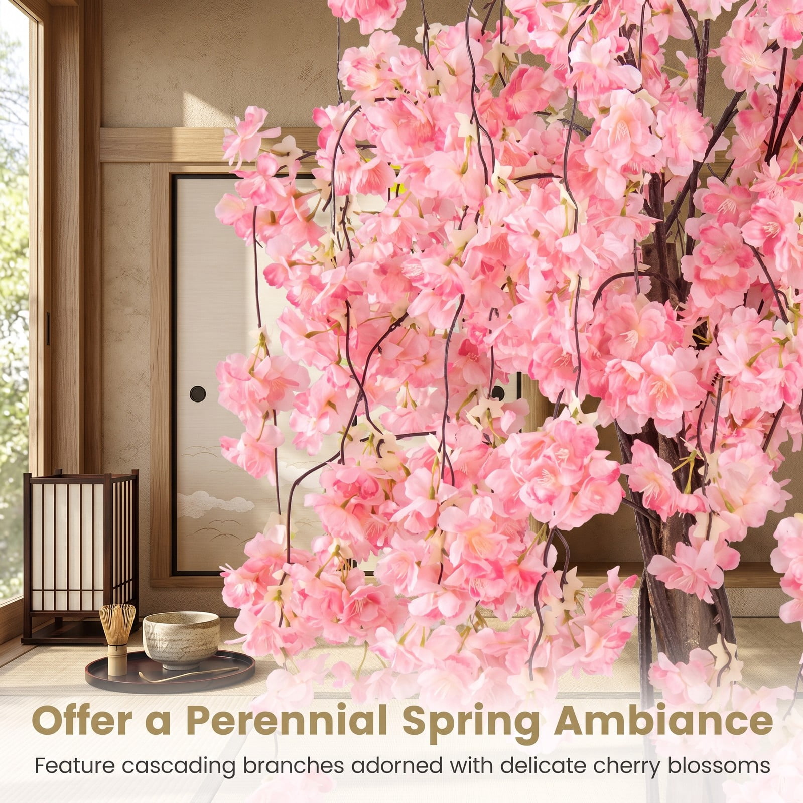 ALPULON 5.5 FT Artificial Cherry Blossom Tree with Pink and White Flowers, Faux Silk Sakura Tree with Solid Wood Trunk and Cement-Filled Pot for Home Office, Pink