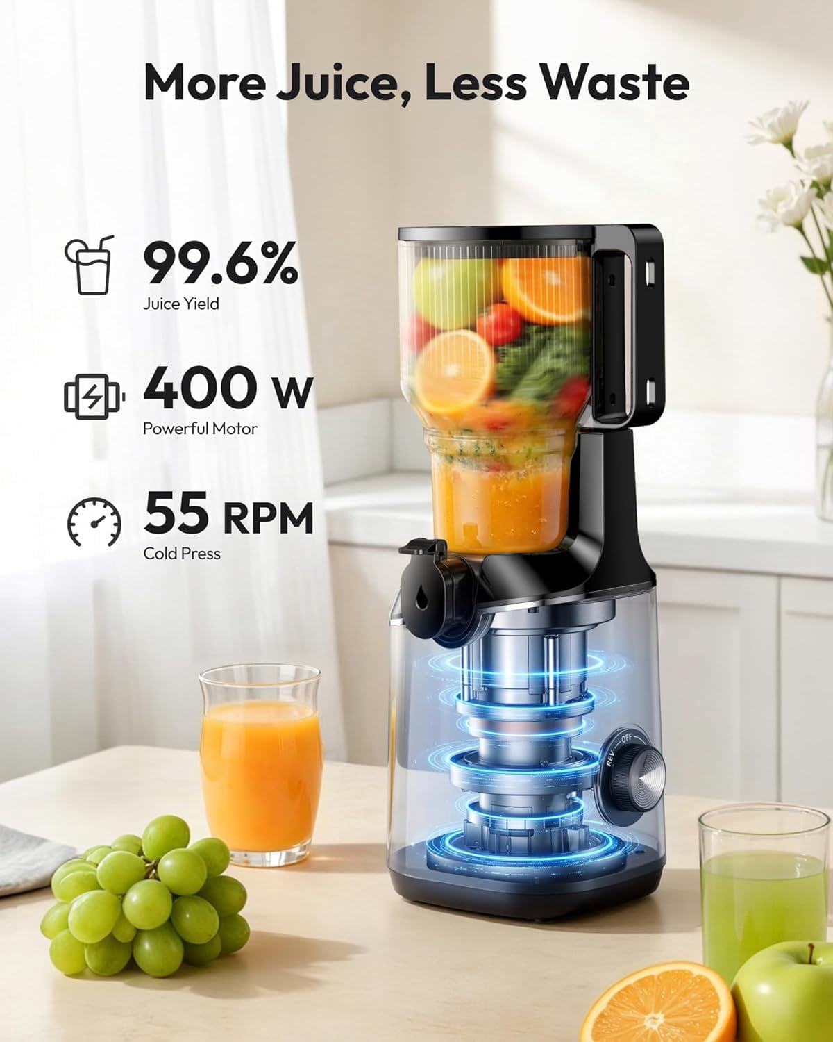Cold Press Juicer Machines, 5.8" Wide Feed Chute, Slow Masticating Juicer for Whole Vegetables and Fruits, 99.6% High Juice Yield, Easy to clean, Juicer Machines with