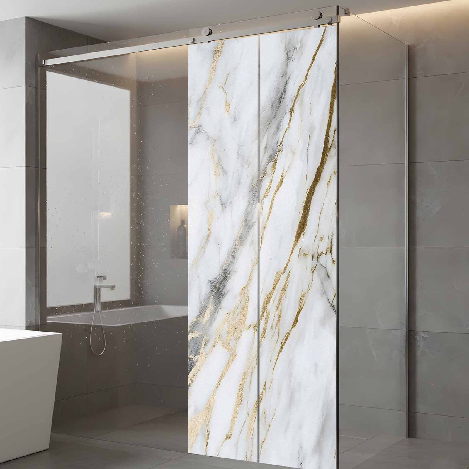 Marble White Gold Window Privacy Film, Modern Abstract Geometric Static Cling UV Sun Blocking Heat Control Window Tint Day and Night, Non-Adhesive Reusable One Way Windows Privacy Cover 23.6''x59''