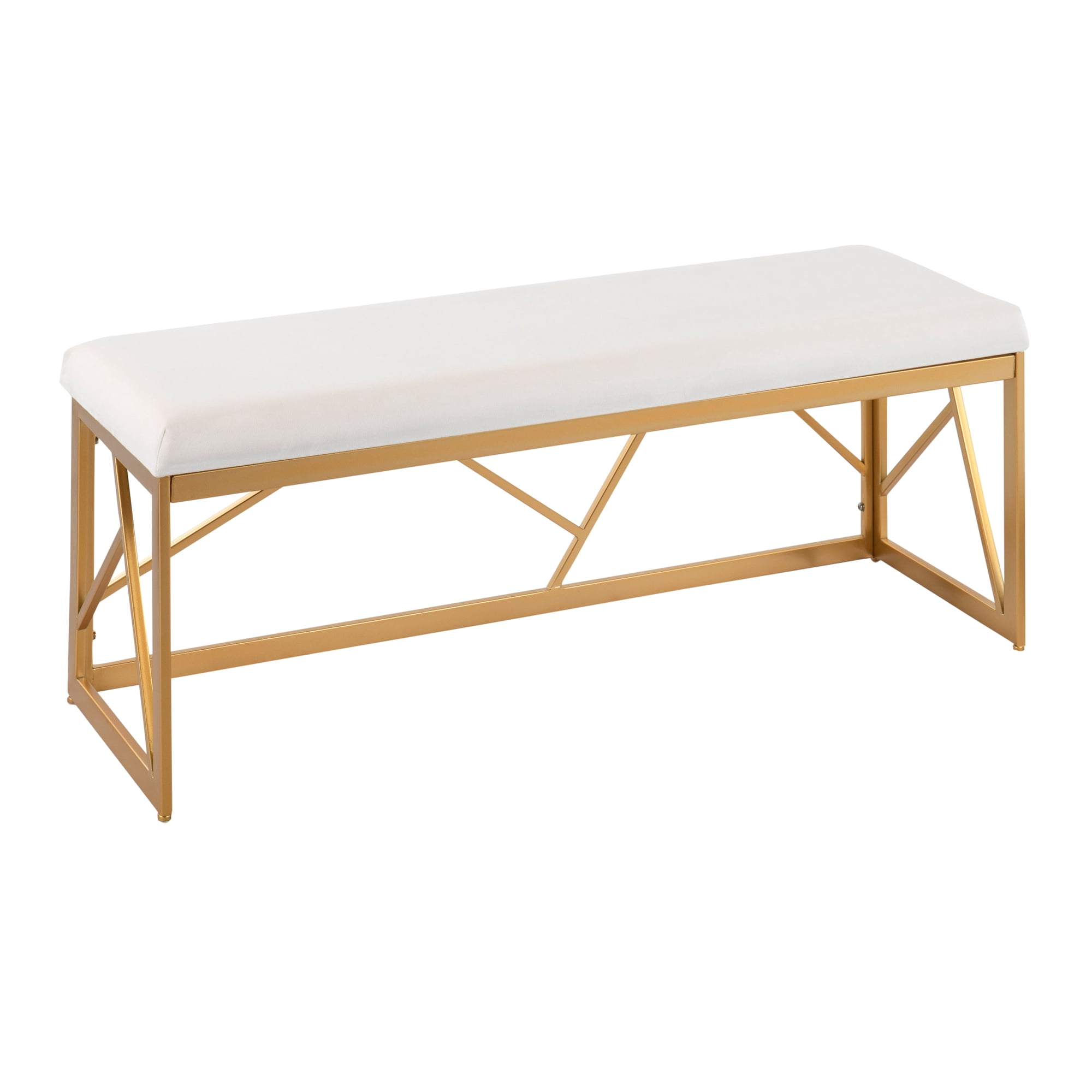 Bench, White Velvet Upholstered Seat with Geometric Gold Steel Metal Frame, Glam Contemporary 2-Person Padded Seating for Entryway, Bedroom Footbed, or Dining Room, 500 lbs Limit