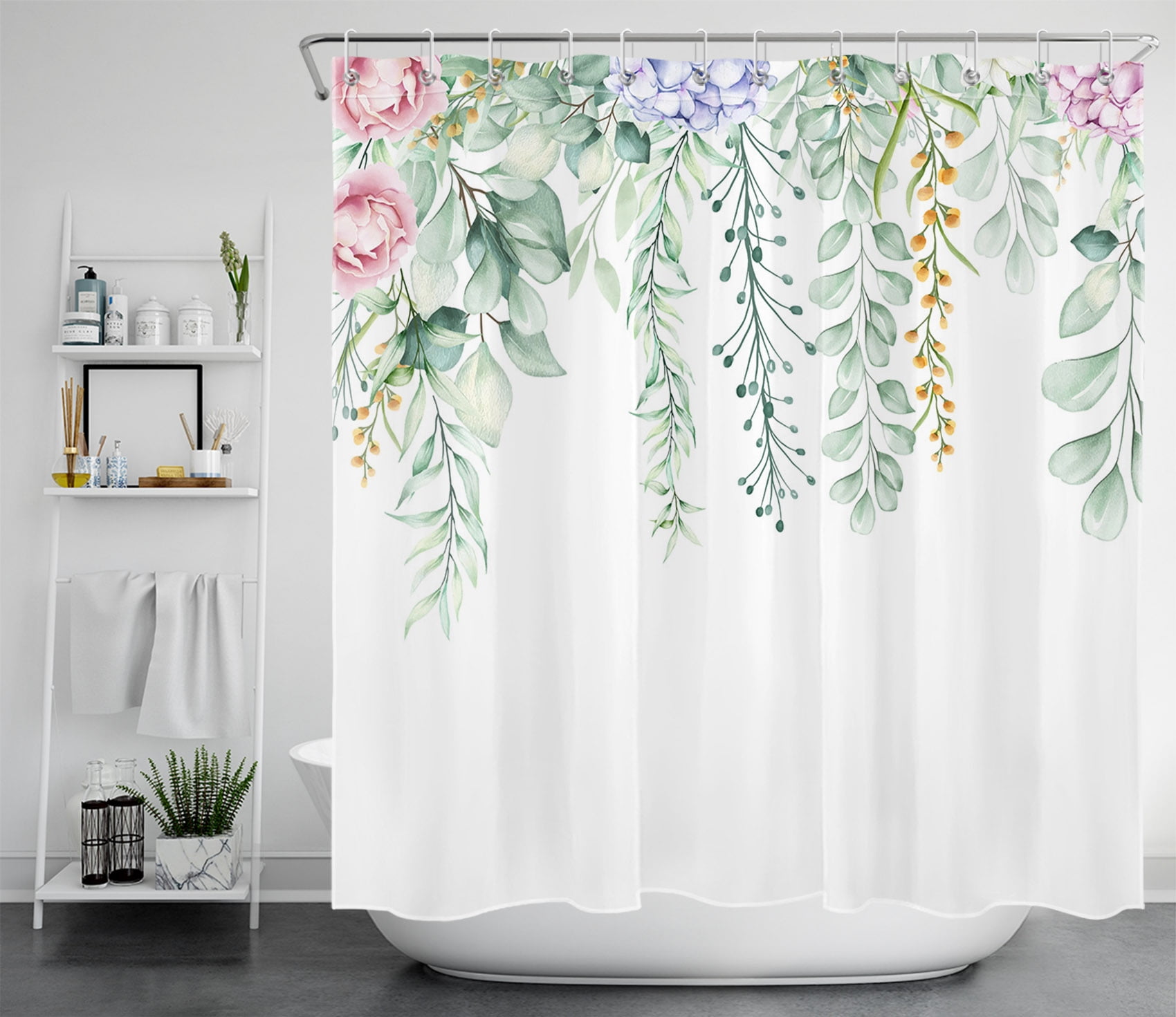 HVEST Botanical Shower Curtain Green Eucalyptus Leaves and Pink Floral ...