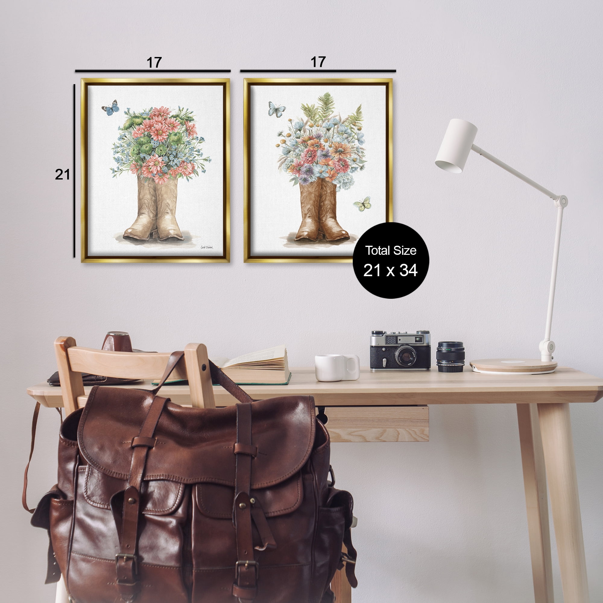 Stupell Industries Wildflower Western Boots Butterfly Plants & Flowers Painting Gold Floater Framed Canvas Art Print Wall Art, 17 x 21, Set of 2