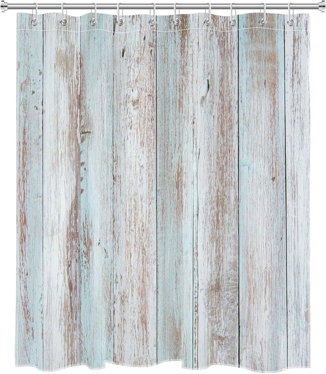 Vintage Wood Barn Shower Curtain for Bathroom Old Teal and Grey Vertical Wooden Plank Shower Curtain with Hooks Rustic Farmhouse Bathroom Curtains Shower Set 72"W x 96"L (Pack of 1)
