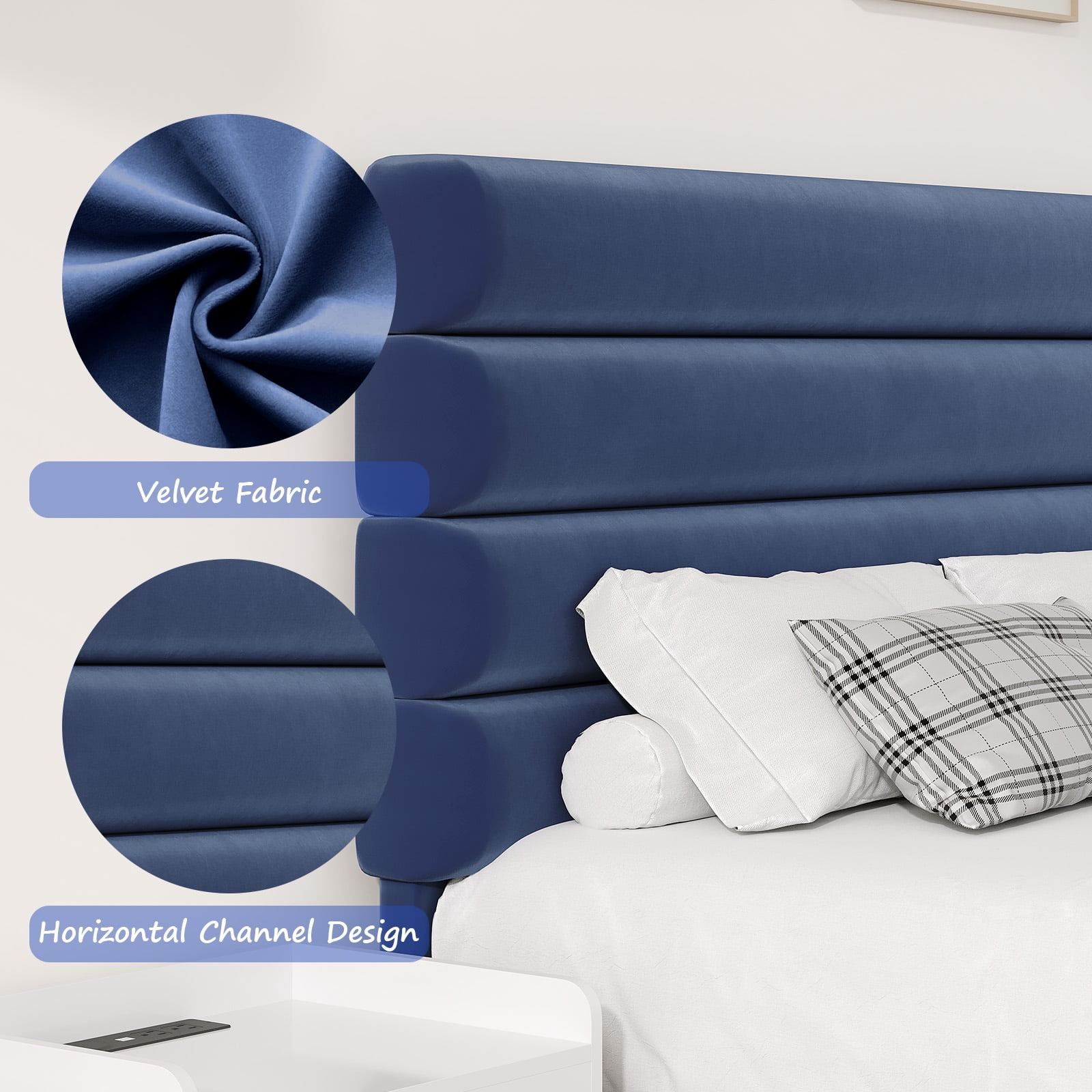 4 EVER WINNER Queen Size Platform Bed Frame, Horizontal Stitched Blue Velvet Upholstered Headboard, Solid Wooden Slat Support, Noise-Free, No Box Spring Needed