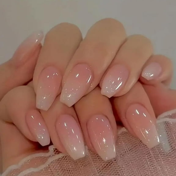 Press on Nails Short Coffin Fake Nails with Gradient Designs Pink White Full Cover Glue on Nails Glossy Acrylic False Nails Artificial Stick on Nails for Women 24 Pcs pink-01 24 Fl Oz (Pack of 1)