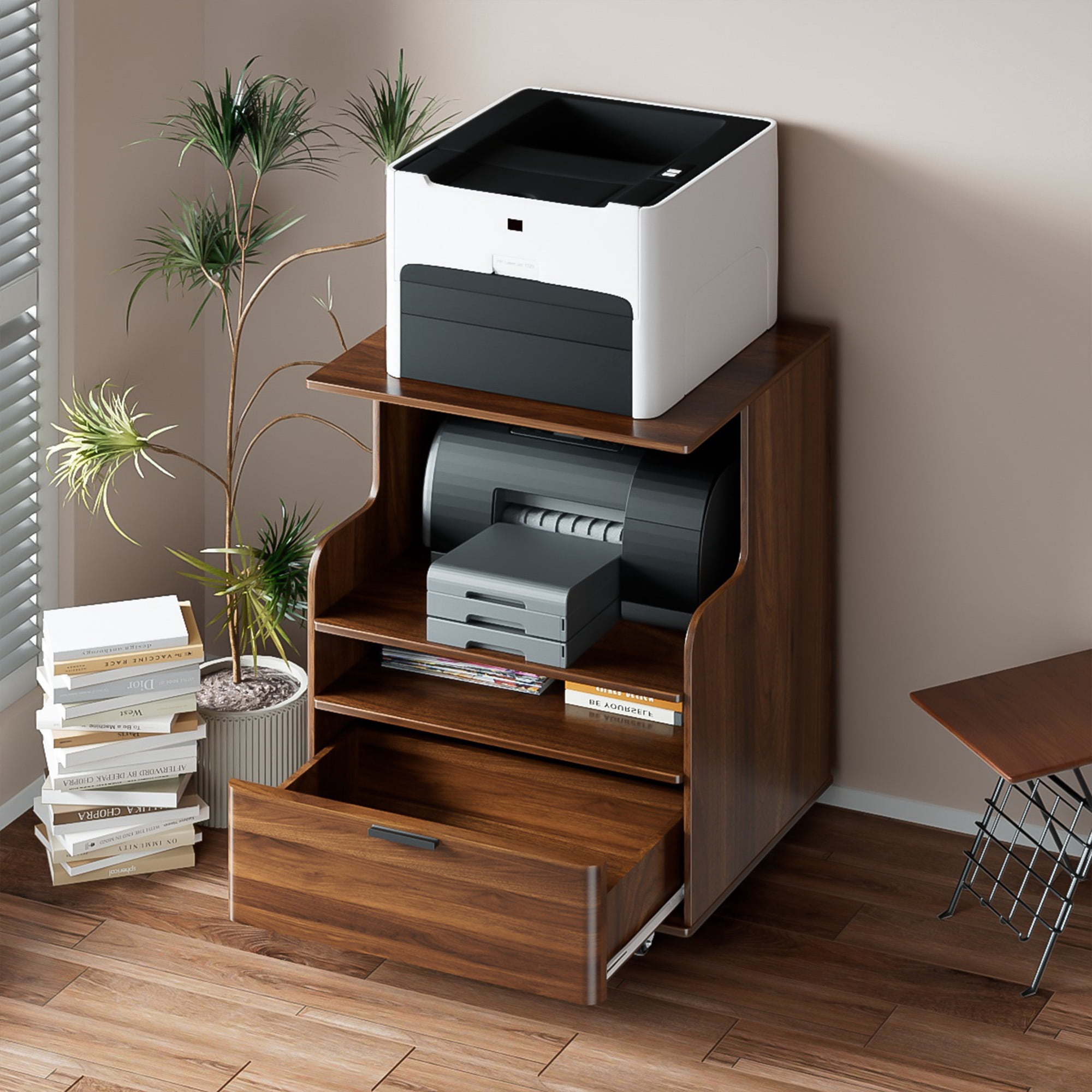Oubayajia Printer Stand, 3 Tier Rolling Printer Cart with Wheels and Drawer, Stand for Heat Press Mini Fridge for Home Office, Walnut