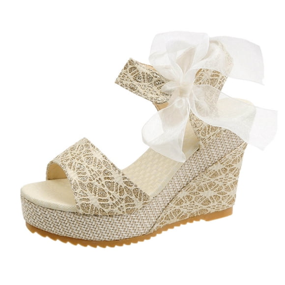 Summer Savings ! PEZHADA Wedge Platform Sandals for Women Fashion Solid Ladies Bandage Sandals Slope Heel Casual Beach Shoes Ankle Strap Open Toe Shoes for Wedding Party Dress