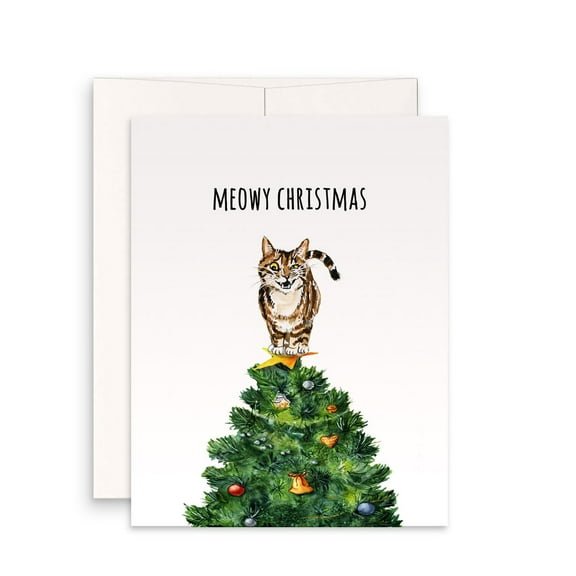 Meowy Christmas Card – Cat on Christmas Tree Design – Blank Inside for Personal Messages – Perfect Holiday Greeting Card for Cat Lovers