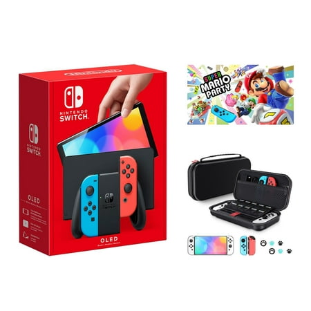 2023 Newest Nintendo Switch OLED Model Neon Red & Blue Joy-Cons Console, 32GB Internal Storage, Bundle with Super Mario Party & 10 in 1 Accessory Case