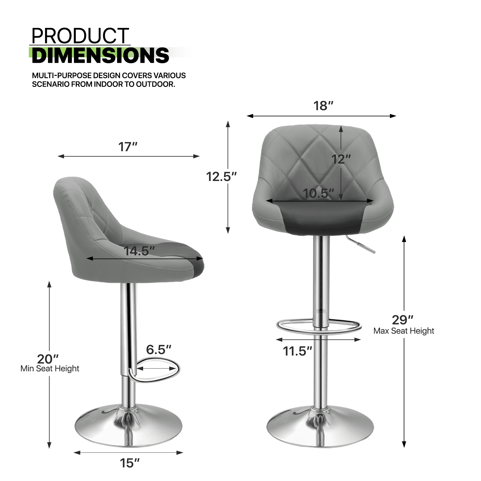Magshion Swivel Bar Stools Set of 4 Adjustable Bar Chairs with Backrest Faux Leather Kitchen Counter Height Barstools Dining Chairs, Grey/Black