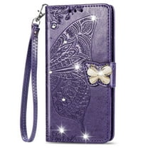Allytechgroup Wallet Case for iPhone 16 Pro, Bling Sparkly Diamond PU Leather Phone Case with Credit Card Slot Wirst Strap Support Wireless Charging Shockproof Bumper for Women Girls, Purple