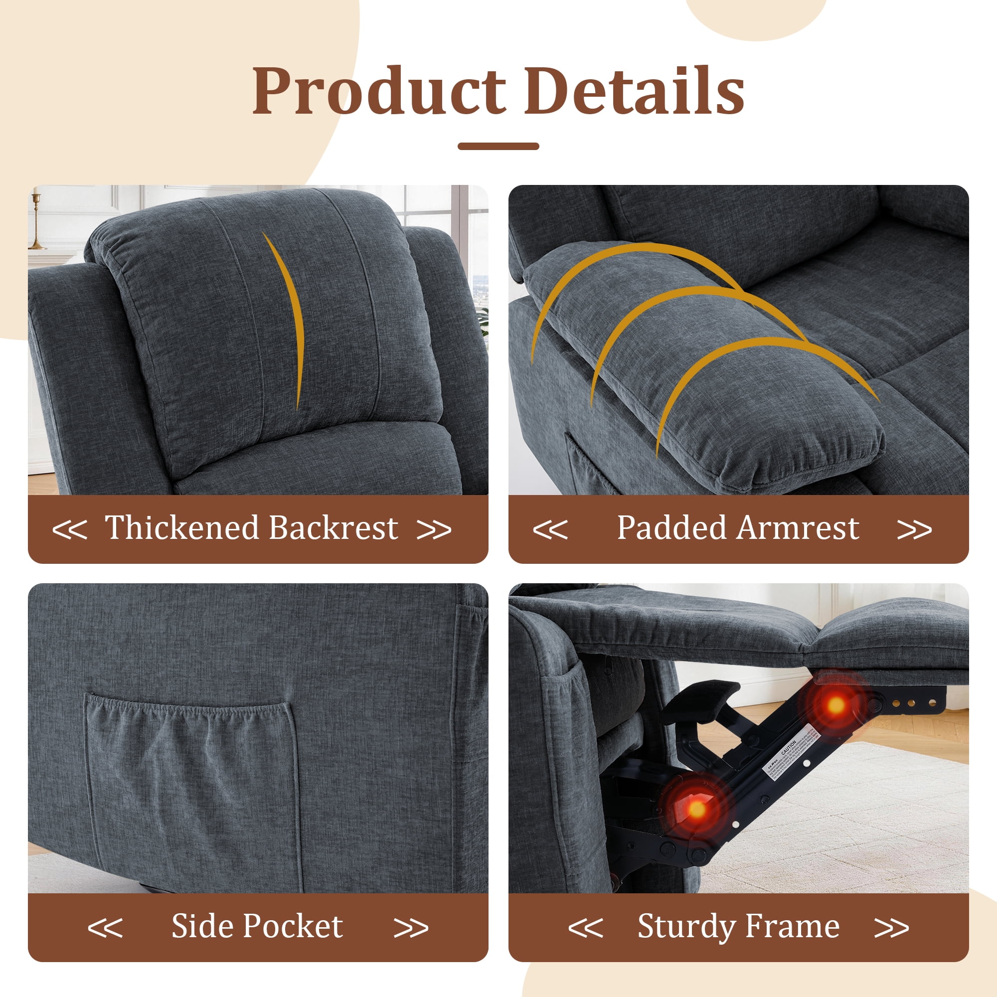 GEEYOO Swivel Rocker Recliner Chair with Massage and Heat Glider Recliner for Adults with Side Pockets Chenille for Living Room,Dark Grey