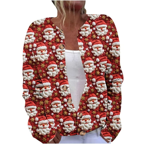 Christmas Sweaters for Women Plus Size Christmas Cardigan Long Sleeve Casual Print Button Down Knit Coat