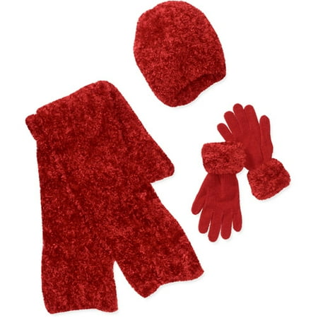 Women's Feather Chenille 3-Piece Set: Hat, Gloves and Scarf Set