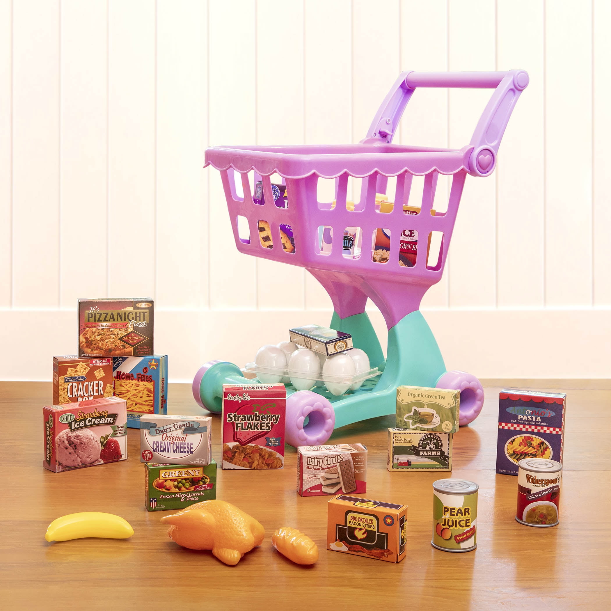 Battat Shopping Day Grocery Cart with 25+ Plastic Play Food Pieces, Toddler and Preschool Toys
