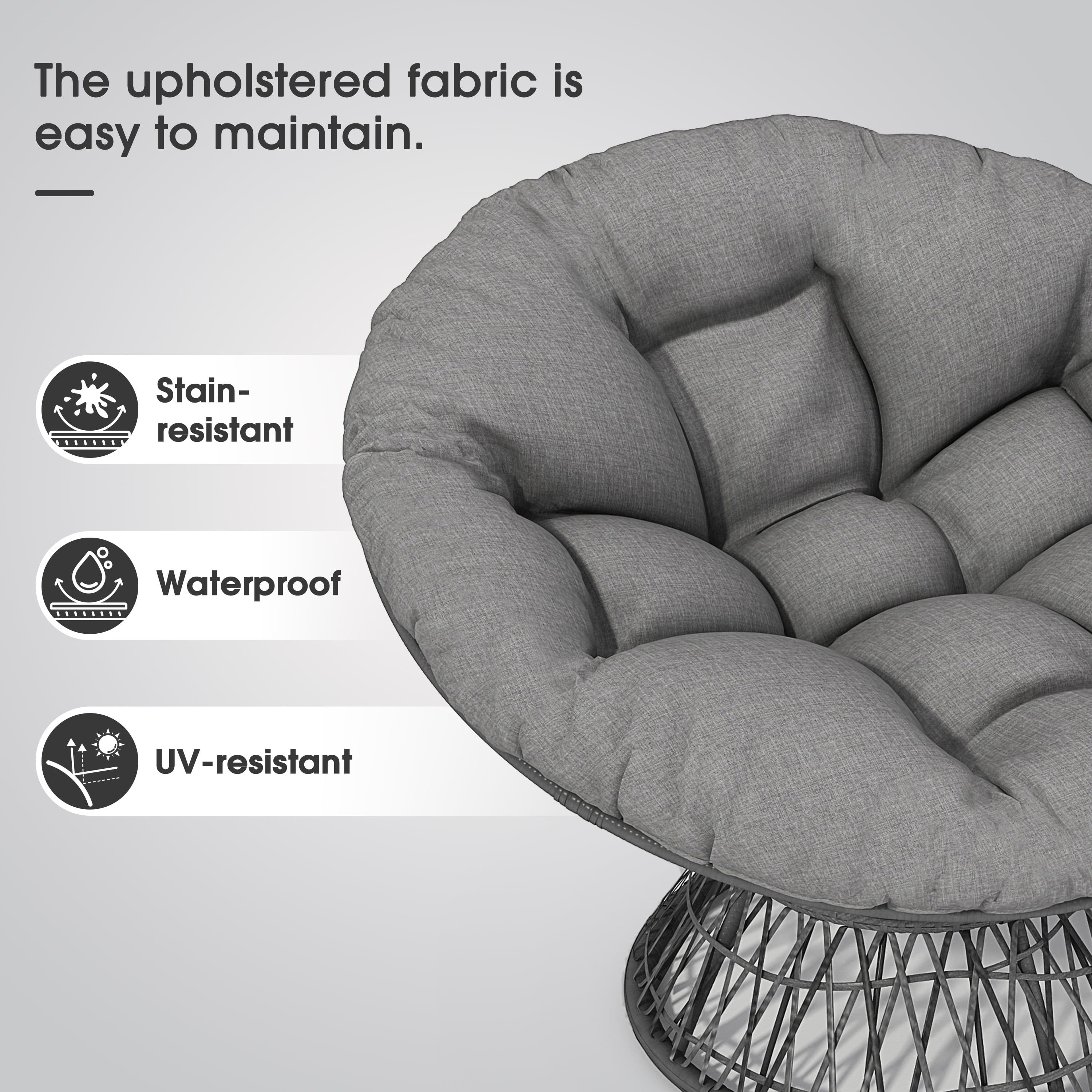 EUROCO 41.5" Oversized Ergonomic Wicker Papasan Chair,Rattan Papasan Chair with Soft Thick Density Fabric Cushion,High Capacity Iron Frame,360 Degree Swivel and 3-proof Cover for Living,Lounge,Gray