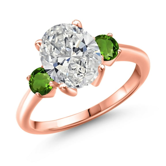 2.50 cttw IGI Certified Lab Grown Diamond and Green Tourmaline 3-Stone Engagement Ring for Women | 18K Rose Gold Plated Silver | Center 2.00 Ct Diamond | E-F Color | VS1-VS2 Clarity | Size 6
