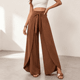thumbnail image 2 of Morttic Women's High Waist Wide Leg Pants – Tie Waist Slit Design Solid Loose Boho Summer Beach Vacation Flared Trousers Dark Brown，XL, 2 of 6
