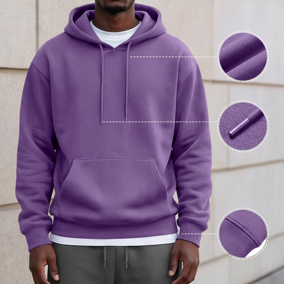 Fleece Hoodie Mens Baggy Thick Casual Mens Sweatshirt Ribbed Cuffs Drawstring Hood with Pocket Purple L