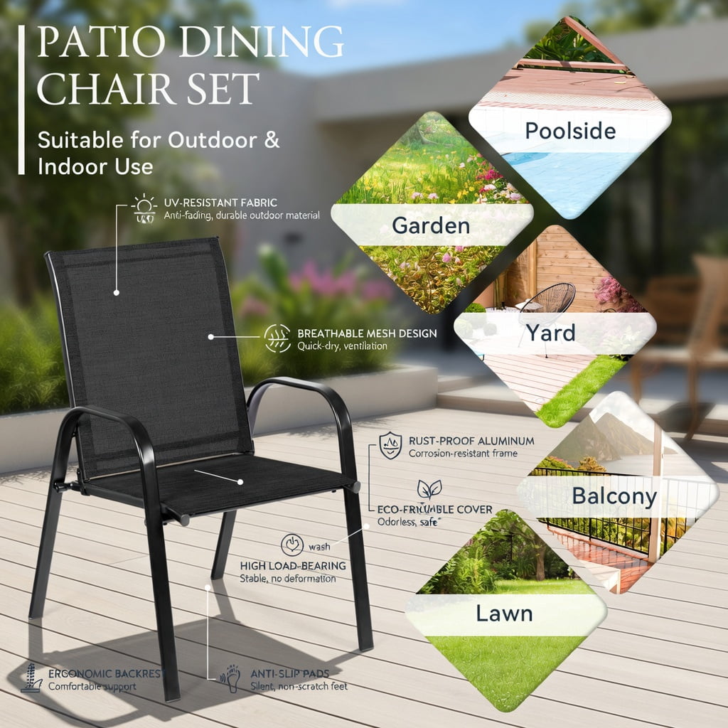 Hommoo 2-Pack Outdoor Dining Chairs with Armrests, Heavy-Duty Steel Frame, Breathable Fabric, All-Weather Patio & Balcony Seating, Black