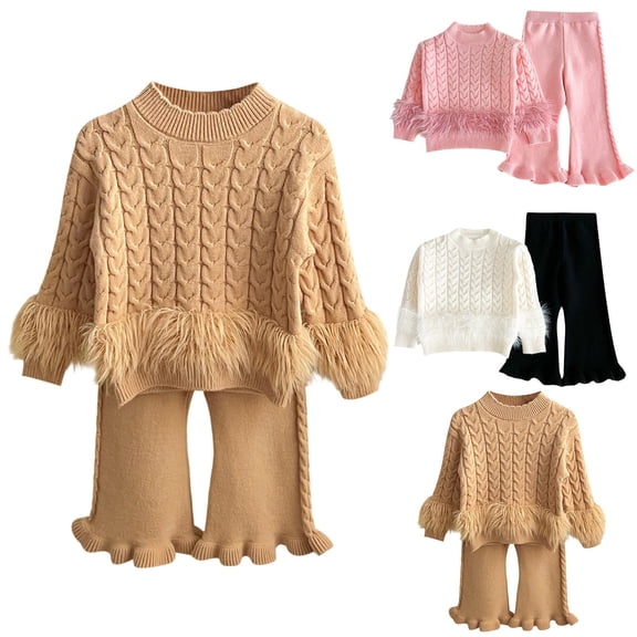 ibiyuan Baby Girl Clothes Outfits Toddler Kids Winter Soft Knit Sweater Long Sleeve Top Pants 2 Piece Warm Casual Formal Girls Outfit Set School Clothes For Girls