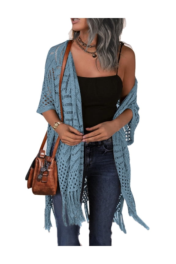 Womens Crochet Kimono Cardigan Open Front Knit Hollow Out Lightweight Cover Up with Tassel