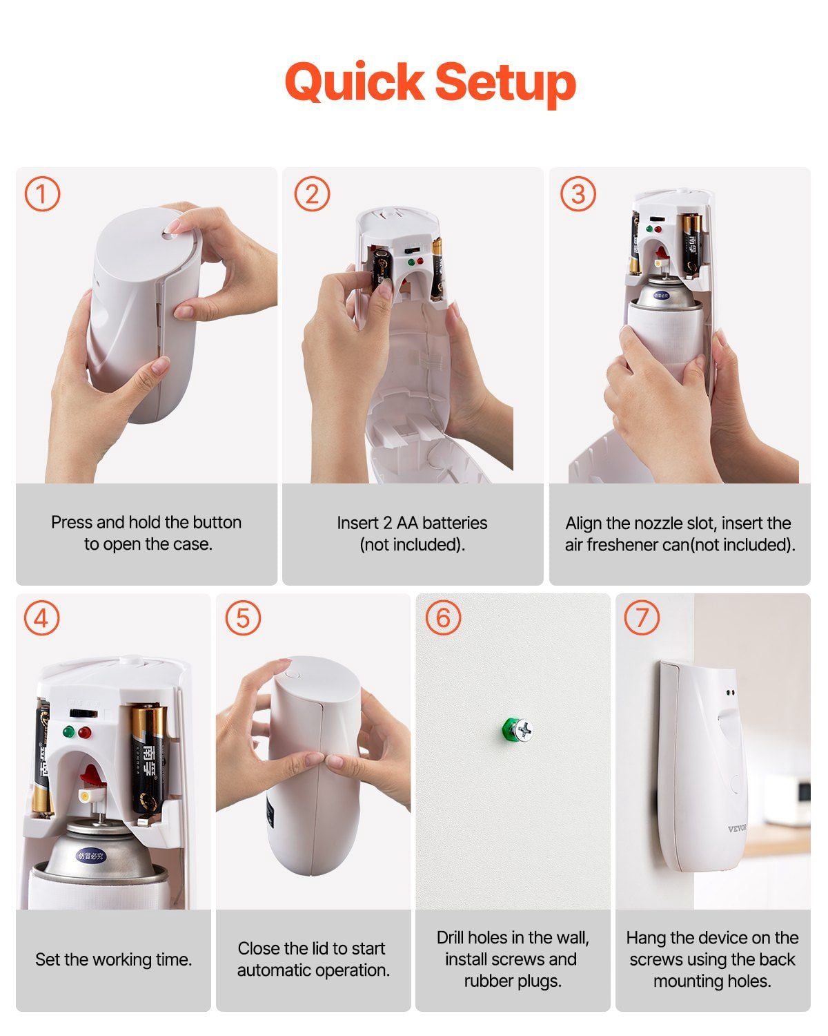 Automatic Air Freshener Spray Dispenser 2-Pack, Battery Operated with Adjustable Time Settings, Wall Mounted or Freestanding, Boost Spray Button, Compatible with Standard Fragrance Cans for Home