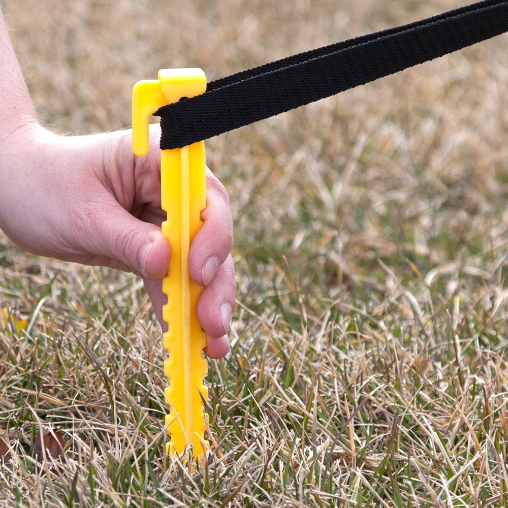 Basic Tent Stake Kit – Includes Black Nylon Draw-String Bag with String Cord Lock, 4X 9in Yellow PVC Stakes, 4X 13ft Black Nylon Webbing Sections with Carabiner and Length-Adjusting Clip