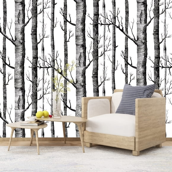 1pc Birch Forest Removable Waterproof Wallpaper, Peel And Stick, Black & White Wallpaper For Room Backdrop, Furniture Appliance Refurbishment, Home Improvement