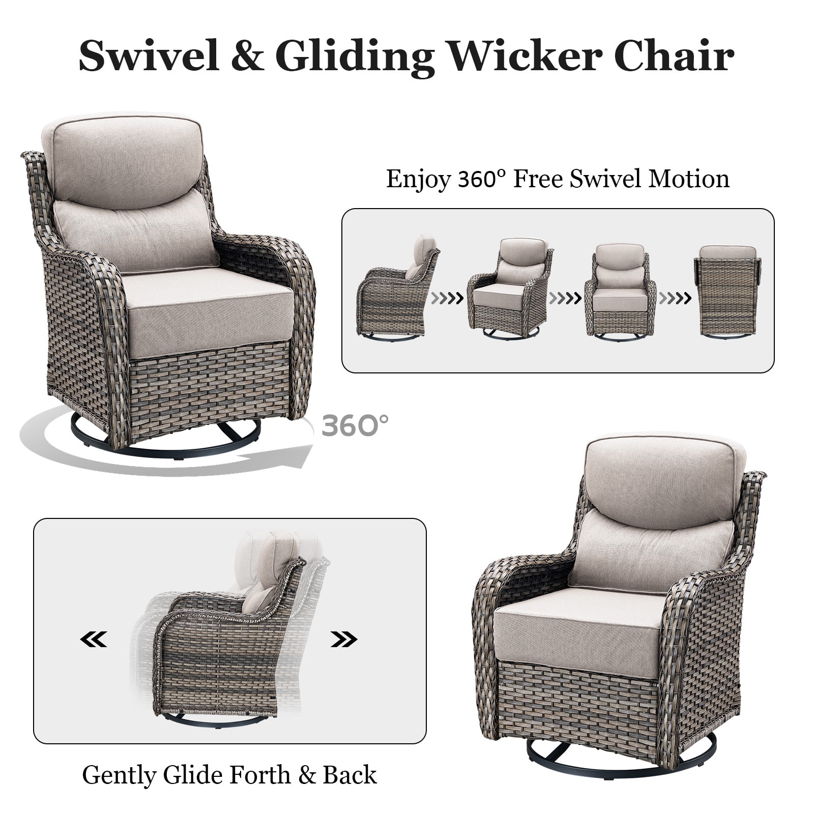 Planntonneo 3-Piece Patio Furniture Set - Wicker Swivel Glider Chairs with 6-Inch High-Resilience Cushions and Side Table, Grey/Beige