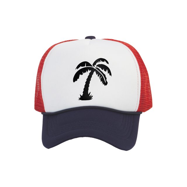 Men's Palm Tree Cap Snapback Trucker Hat, White/Red/Navy