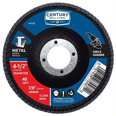 UPC: 0081838755812 | Century Drill & Tool 75581 4.5 in. Zircona Grit Flap Disc – 40 Grit