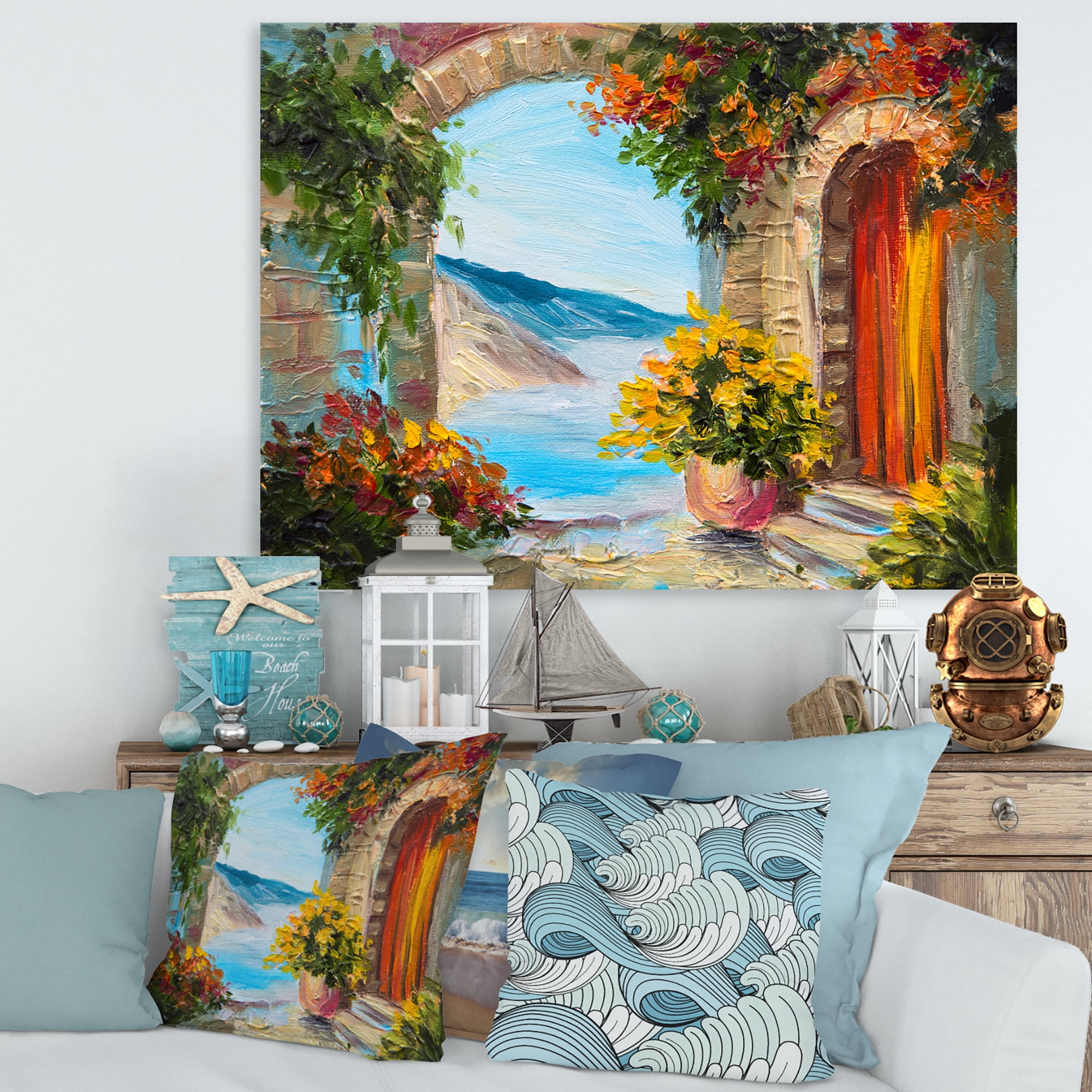 Designart ' House With Colorful Flowers Near The Sea Summer Season ' Nautical & Coastal Canvas Wall Art Print