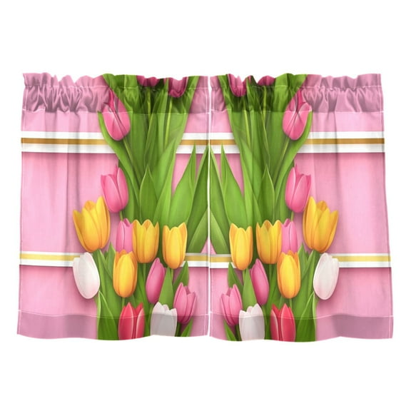 Colorful Tulips Design Kitchen Curtains Tier Set 27x24 Inch 2 Panels Semi Sheer Light Filtering Privacy UV Protection