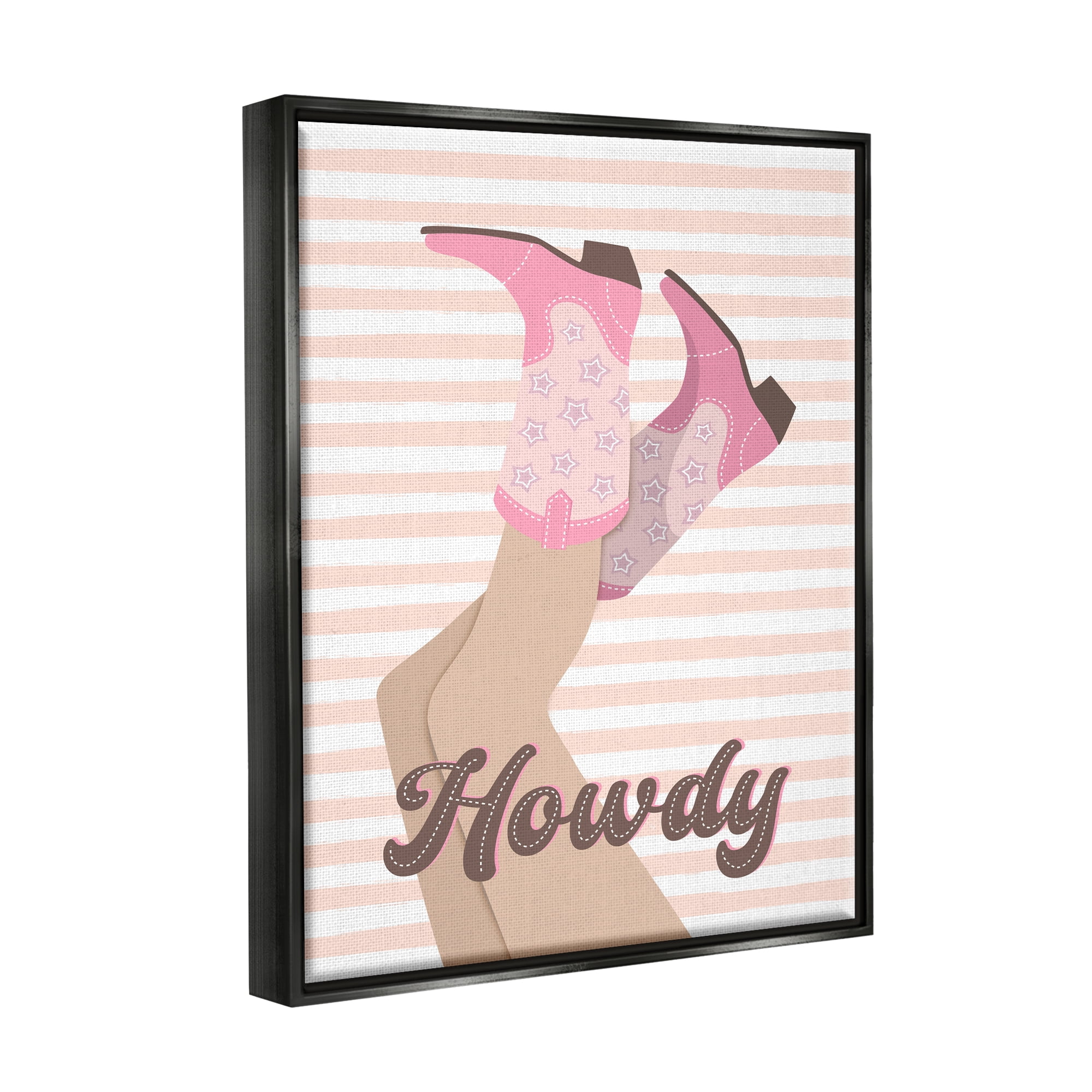 Stupell Industries Howdy Cowgirl on Stripes Abstract Painting Black Floater Framed Canvas Art Print Wall Art, 25 x 31
