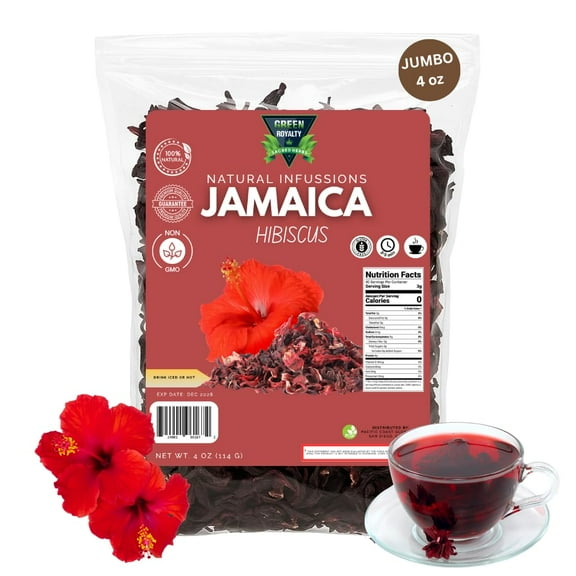 Green Royalty Jamaica Hibiscus Tea Leaves, 4 oz Jumbo Bag – Natural Dried Hibiscus Flowers for Refreshing Hot or Iced Tea