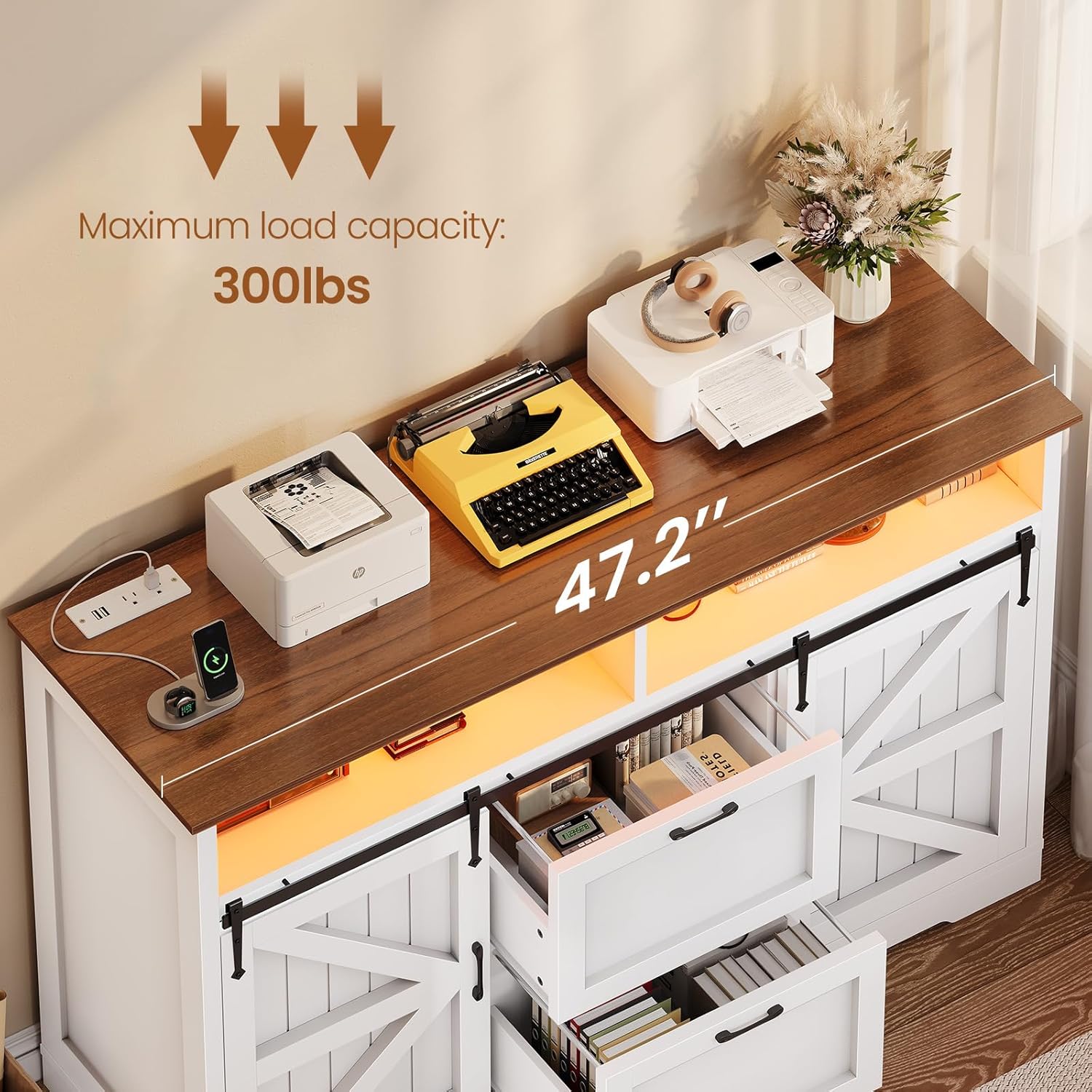 Farmhouse File Cabinet with 2 Drawers, 47" Horizontal filing cabinet with LED Lights & Power Outlets for Office, Filing Cabinet with 2 Sliding Barn Doors, Large Storgae Cabinet for Home, White