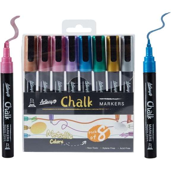 Artkey Metallic Chalk Markers Set - 8 Pack with Reversible Tips (Chisel & Bullet) for Chalkboards, Windows, Glass & More - Vibrant Colors for Art & Craft Projects